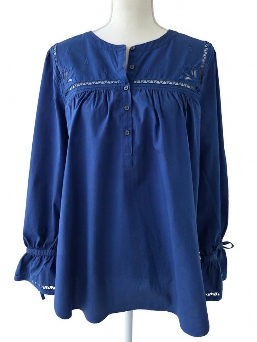 LOFT Navy Embroidered Cutwork Boho Peasant Top Long Sleeve Large
